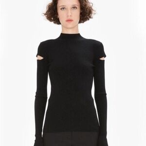 Helmut Lang Slash Sleeve Ribbed Mock Neck Top Black Long Sleeve Cutout Knit S
